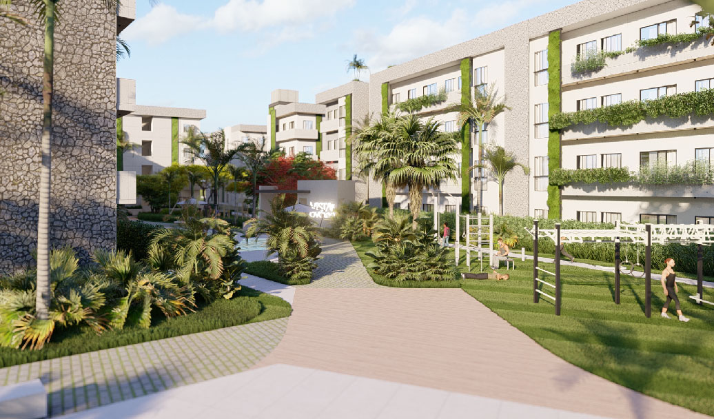 1.Fachada frontal del proyecto inmobiliario de lujo Vista Avalon en Punta Cana Bavaro - Urban Group 