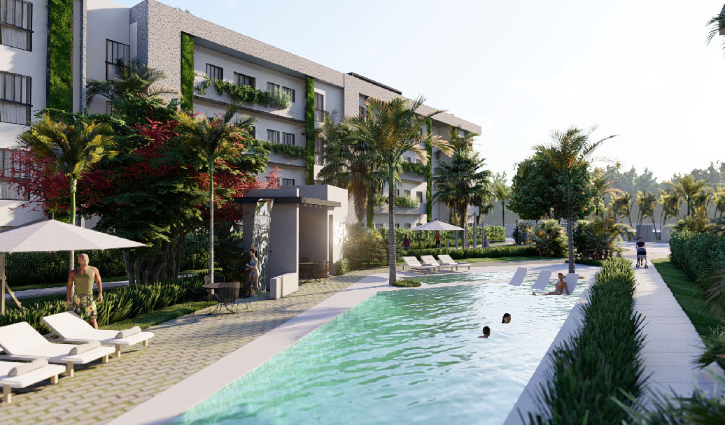 2.Vista a los apartamentos y piscina del proyecto inmobiliario de lujo Vista Avalon en Punta Cana Bavaro - Urban Group 