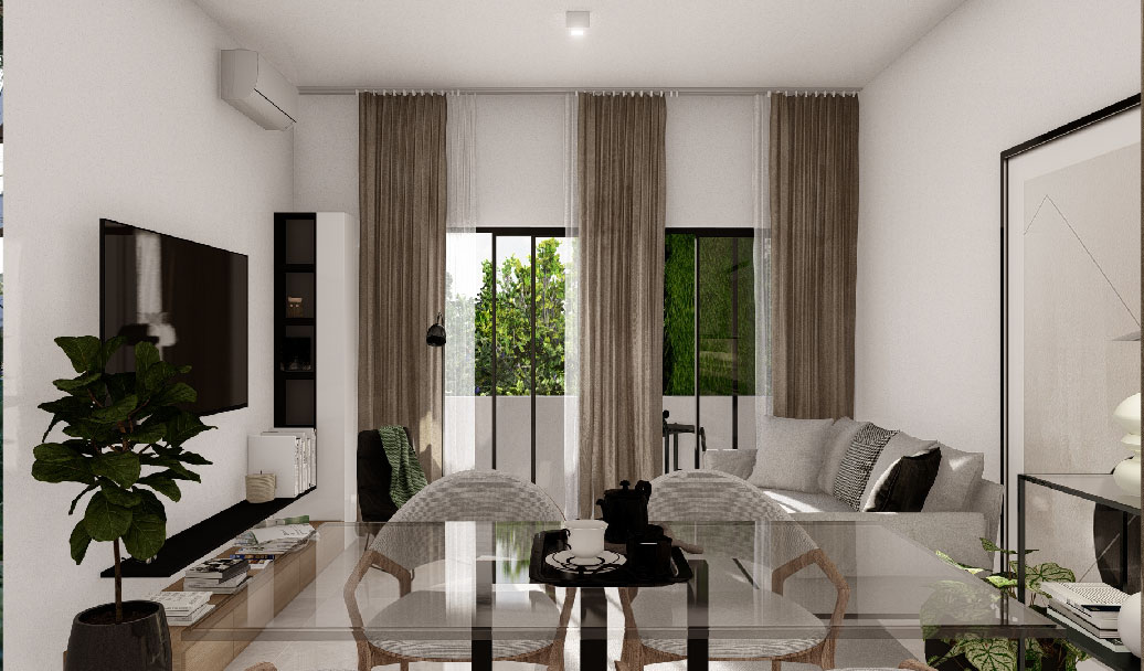 3.Vista de la sala comedor del modelo de apartamento de 1 habitacion tipo A en el proyecto inmobiliario de lujo Vista Avalon en Punta Cana Bavaro - Urban Group 