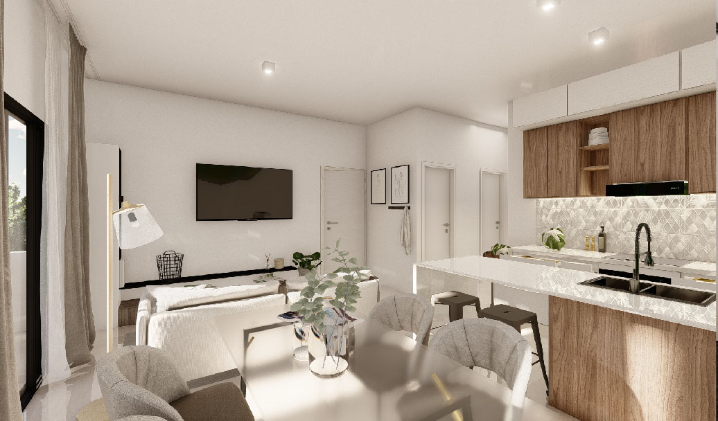 4.Vista de la sala comedor cocina del modelo de apartamento de 1 habitacion tipo A en el proyecto inmobiliario de lujo Vista Avalon en Punta Cana Bavaro - Urban Group 