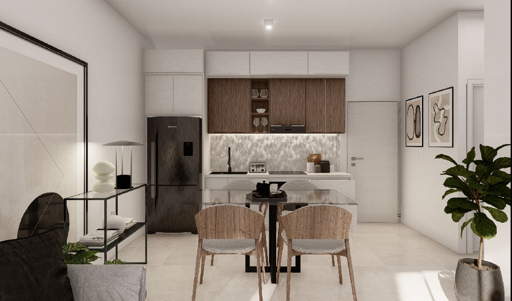 5.Vista de la distribucion interior sala comedor cocina del modelo de apartamento de 1 habitacion tipo A en el proyecto inmobiliario de lujo Vista Avalon en Punta Cana Bavaro - Urban Group 